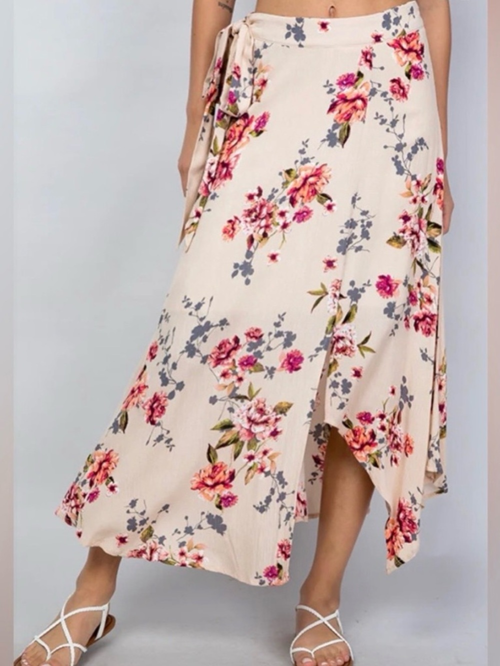 Floral Maxi Skirt in Cream with Pink Blooms